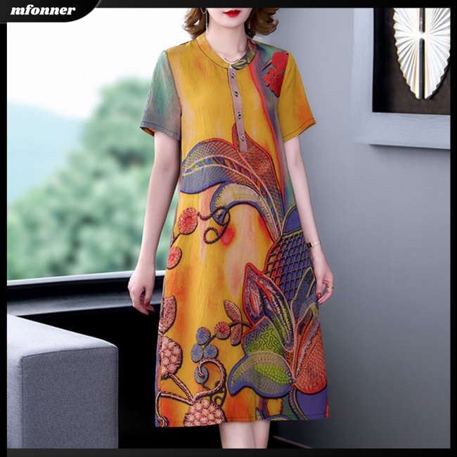 Đầm Chữ A Tay Ngắn Cổ Chữ V Eo Cao In Họa Tiết Cổ Điển Thời Trang Mùa Hè Dành Cho Nữ