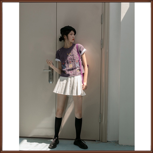 Áo Sweater Dệt Kim Tay Ngắn Cổ Tròn Thêu Hoa Kiểu Cổ Điển Dễ Thương Cho Nữ