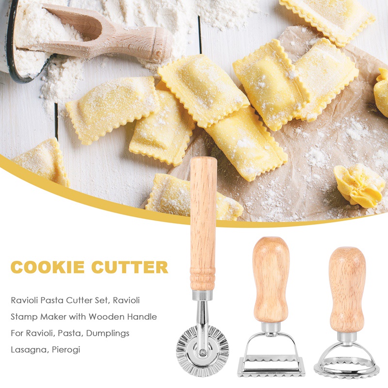Bộ 3 Dụng Cụ Cắt Làm Mì Ống Ravioli Với Tay Cầm Bằng Gỗ Tiện Dụng