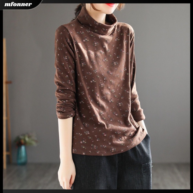 Áo Kiểu Tay Dài Cổ Lọ In Họa Tiết Dễ Thương Phong Cách Cổ Điển Thời Trang Cho Nữ