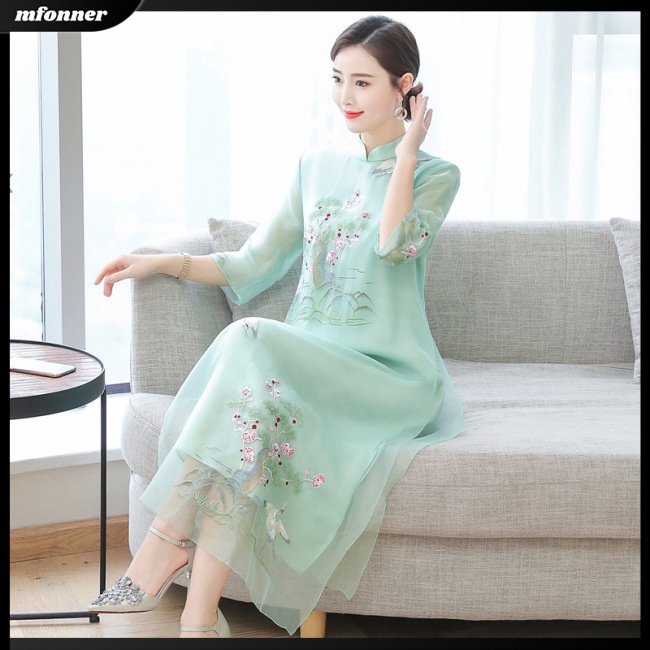 Đầm Chữ A Tay Lửng Dáng Rộng Thêu Họa Tiết Dân Tộc Trung Hoa Thời Trang Mùa Hè Dành Cho Bạn Nữ