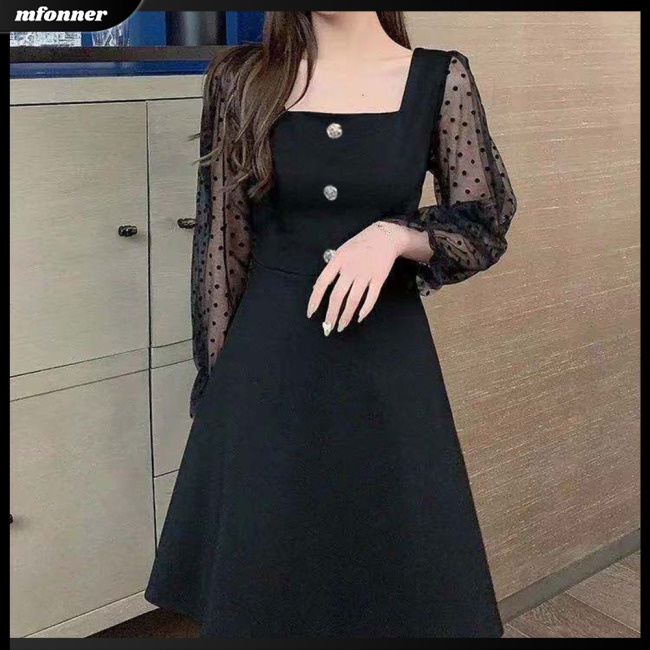 Đầm Chữ A DàI Tay Cổ Vuông, MàU SắC Trơn Cho Nữ