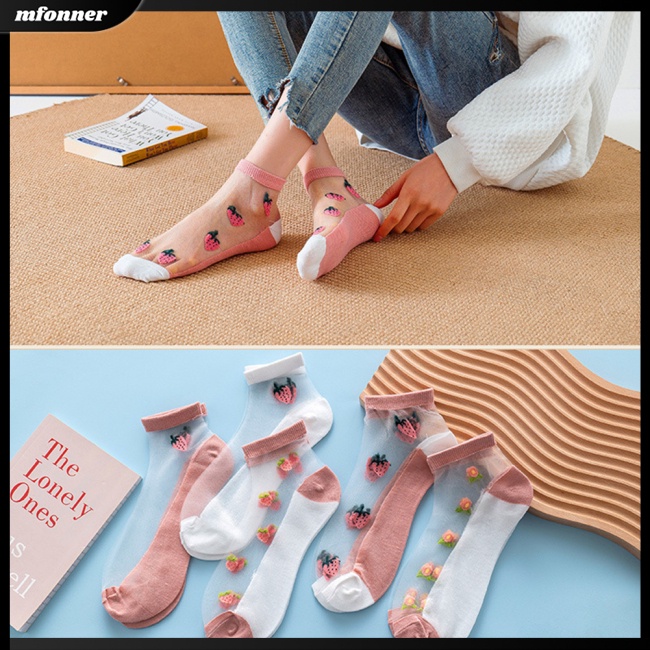 Vớ Cổ Thấp Mỏng Thoáng Khí In Họa Tiết Hoa / Dâu Tây Màu Sắc Tương Phản Cho