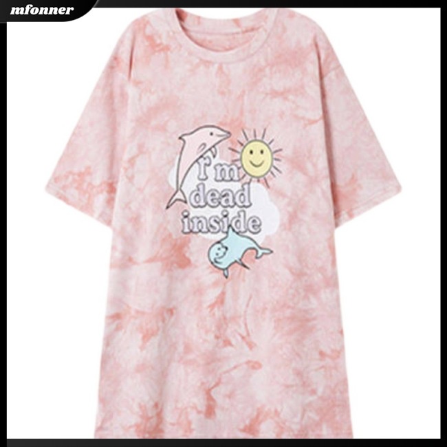 Áo Thun Tay Ngắn Cổ Tròn Nhuộm Màu Họa Tiết Hoạt Hình Thời Trang Mùa Hè Cho Nữ