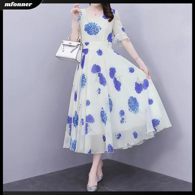 Đầm Chiffon Tay Ngắn in Họa Tiết Hoa Thời Trang Mùa Hè Quyến Rũ Cho Nữ