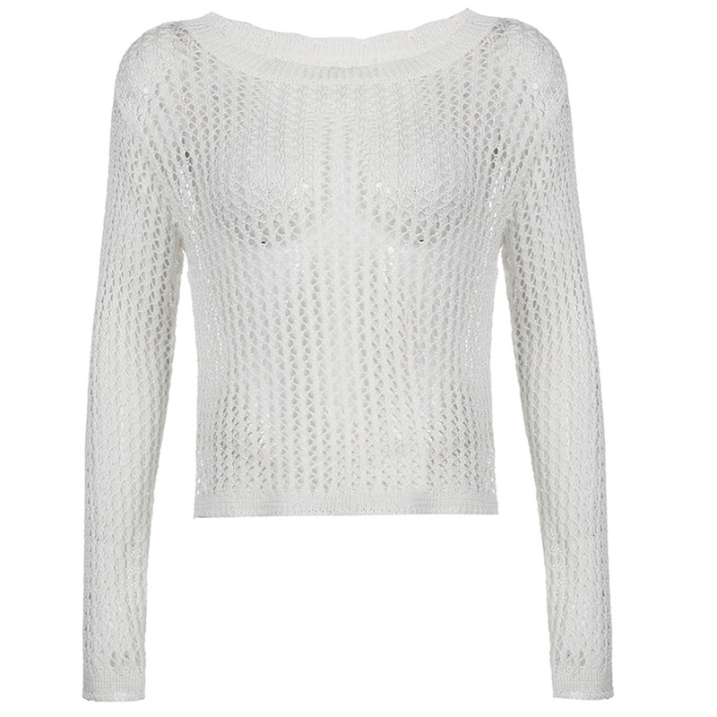 Áo Dệt Kim Tay Dài Phối Lưới Xuyên Thấu Thời Trang Quyến Rũ Cho Nữ