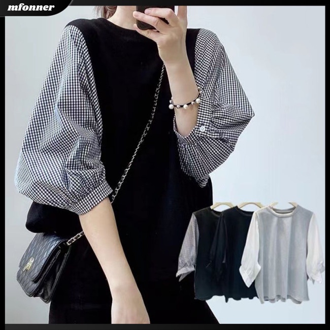 Áo Thun Nữ Giả Hai Lớp Tay Phồng Cổ Tròn Sọc Caro Thời Trang