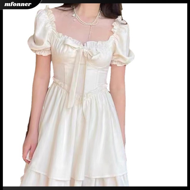 Đầm Dáng Chữ A Cổ Vuông Tay Phồng Màu Sắc Đơn Giản Cho Nữ