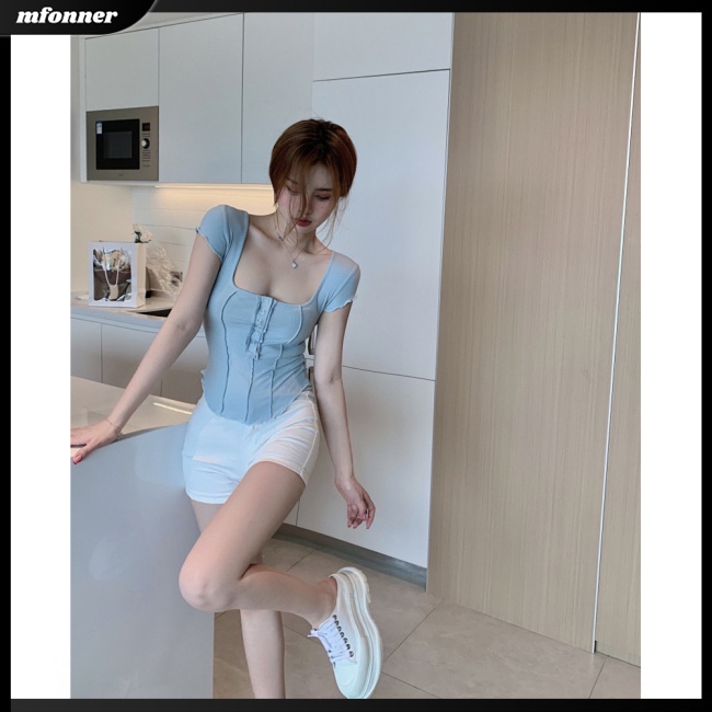 Áo Croptop Tay Ngắn Cổ Chữ U Ôm Dáng Thời Trang Cho Nữ