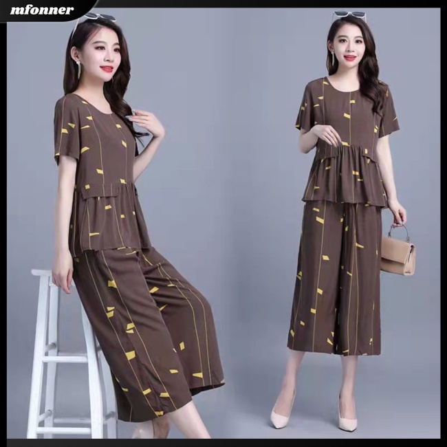 Bộ Trang Phục 2 Mảnh Áo Thun Tay Ngắn Cổ Tròn In Họa Tiết + Quần Dài Ống Rộng Thời Trang Cho Nữ