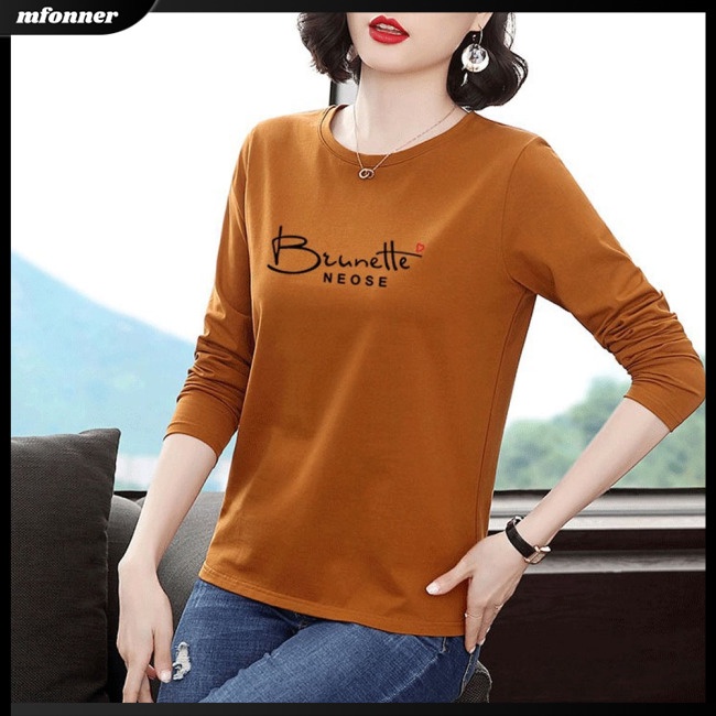 Áo Thun Tay Dài Cổ Tròn In Chữ Plus Size Cho Nữ