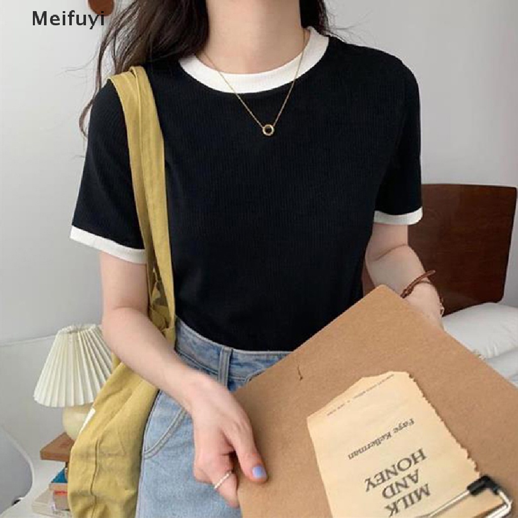 Áo Thun Tay Ngắn Cổ Tròn Màu Sắc Tương Phản Thời Trang Mùa Hè Cho Nữ