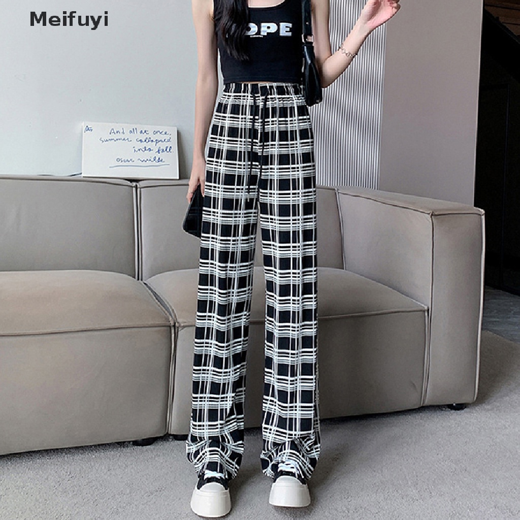 [Meifuyi] Quần Ống Rộng Lưng Cao Bằng Lụa Lạnh Mỏng Họa Tiết Kẻ Sọc Thời Trang Mùa Hè 2023