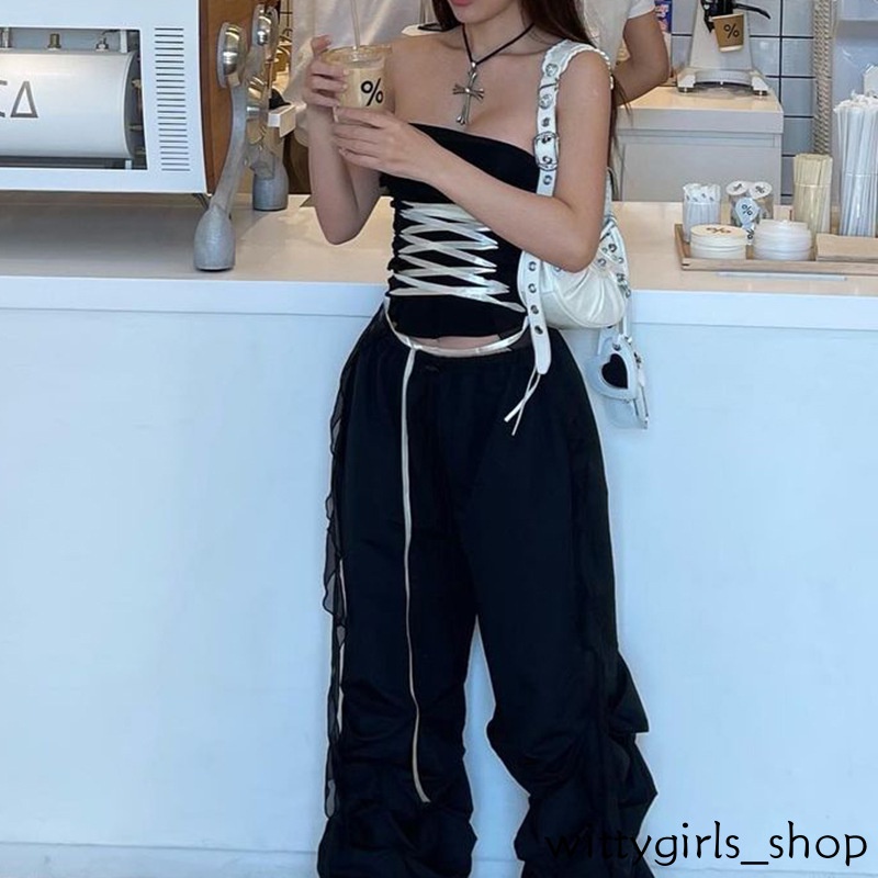 Áo Thun Wittygirls_shops_shops_shop | Áo Ngắn Không Dây Dáng Ôm Phối Ruy Băng Thời Trang Cho Nữ