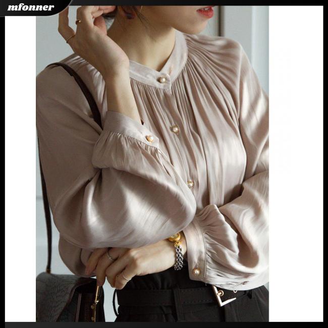 Áo Sơ Mi Tay Dài Cổ Tròn Chất Liệu Lụa Satin Màu Sắc Đơn Giản Thanh Lịch Dành Cho Nữ