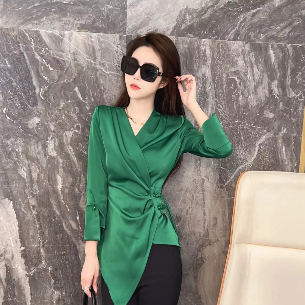 Áo Sơ Mi Tay Dài Cổ Chữ V Thiết Kế Độc Đáo Quyến Rũ