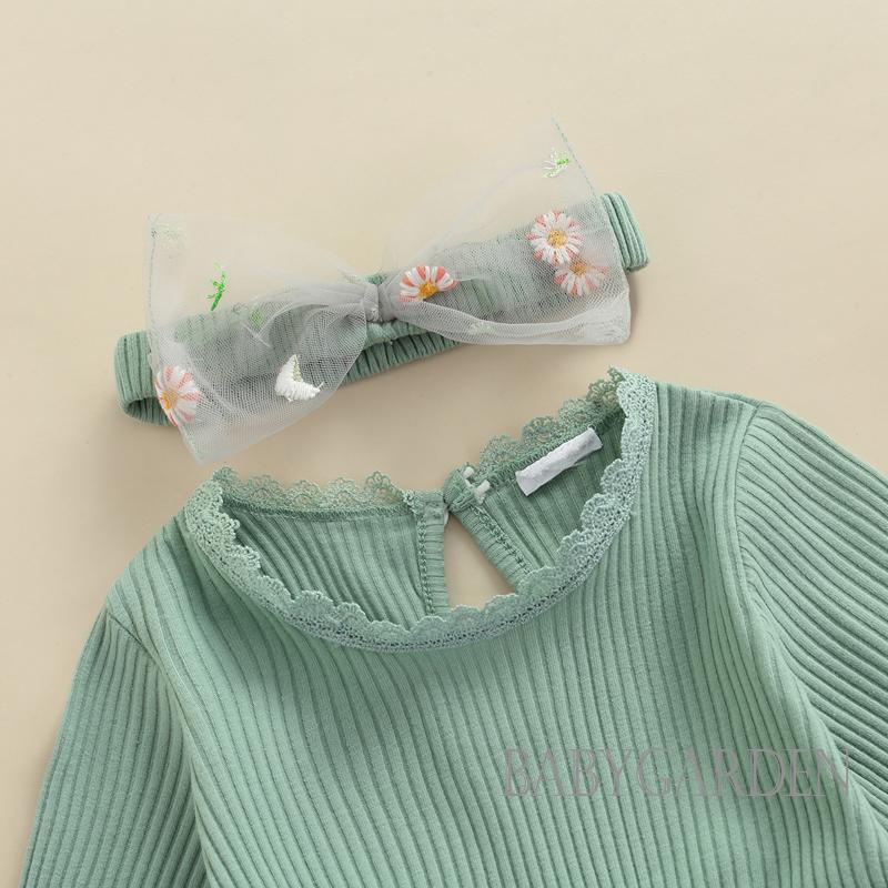 Bộ Áo Liền Quần Dệt Kim Tay Dài Có Gân In Hoa + Băng Đô Cài Tóc Xinh Xắn Cho Bé Gái 0-18 Tháng Tuổi