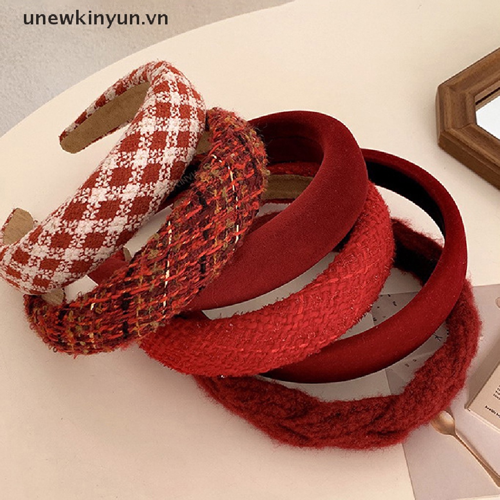 Băng Đô Len Nhung Bản Rộng Màu Đỏ Phong Cách Cổ Điển Cho Nữ