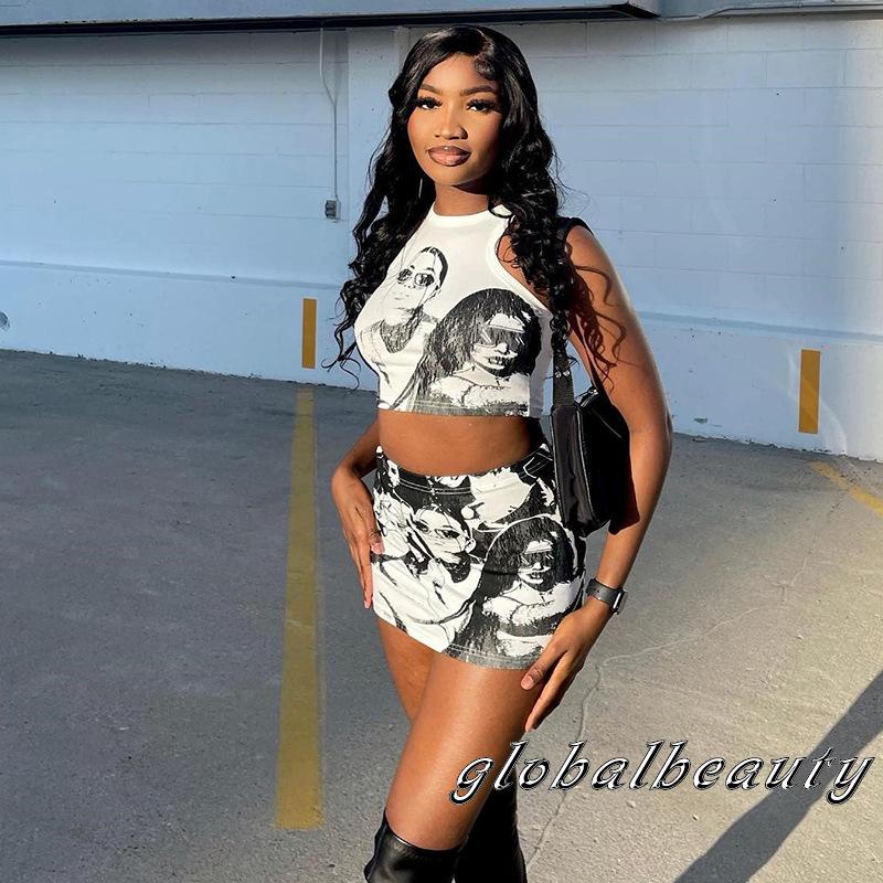 Bộ Áo Tank Top + Chân Váy Ôm In Họa Tiết Nhân Vật Hoạt Hình Thời Trang Mùa Hè Cho Nữ