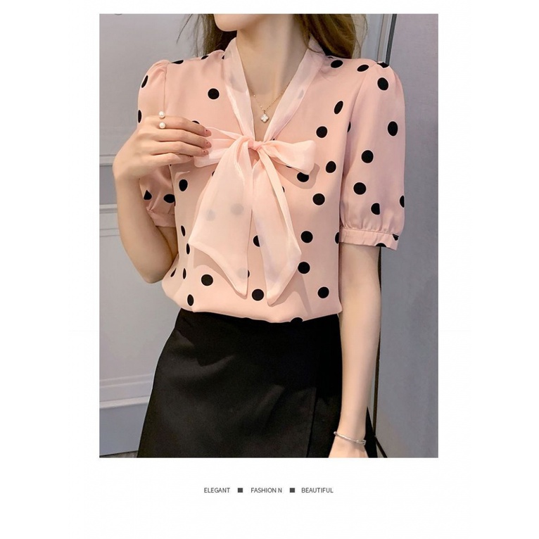 Áo Sơ Mi Chiffon Tay Ngắn Thắt Nơ Họa Tiết Chấm Bi Phong Cách Hàn Quốc Thời Trang Mới 2023 N544