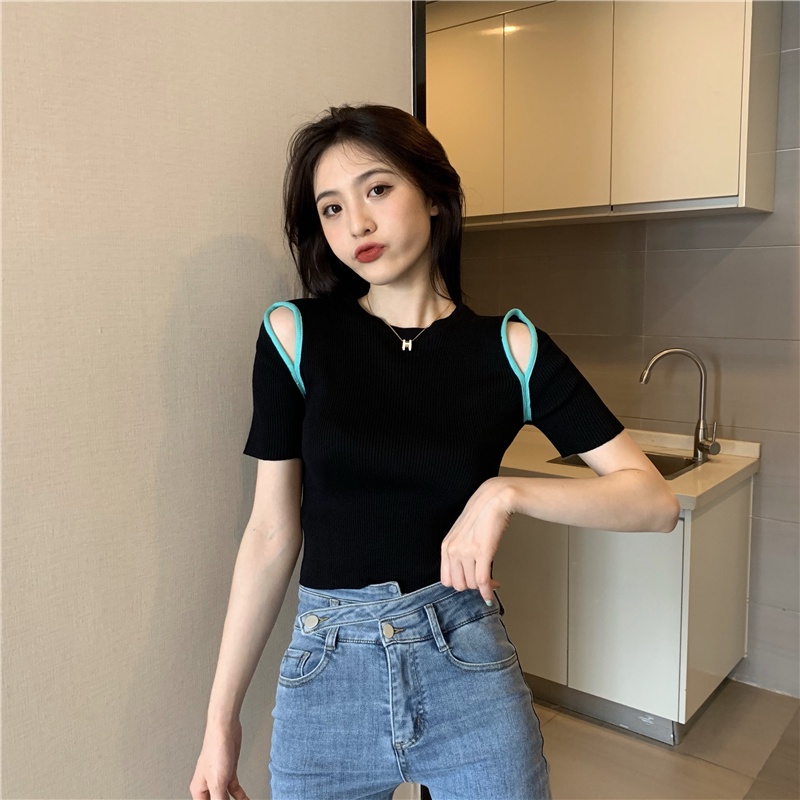 SUXI Áo Thun Dệt Kim Mỏng Mùa Hè Tay Cộc Khoét Vai Ôm Dáng Phong Cách Hàn Quốc Cho Nữ