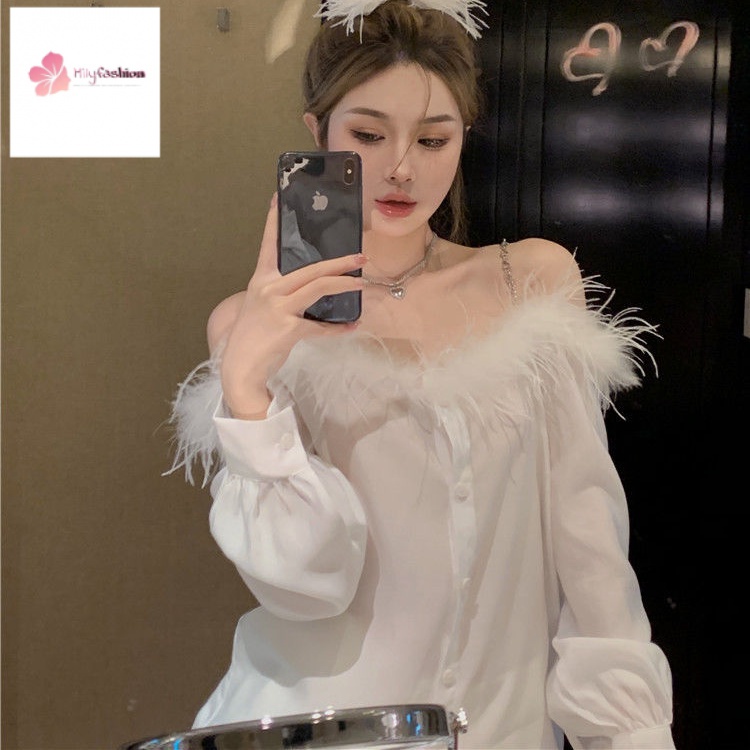 Áo Kiểu Trễ Vai Tay Dài Dáng Rộng Phối Lông Thời Trang Xinh Xắn Cho Nữ