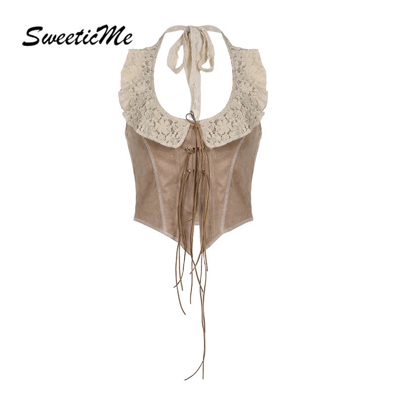 Áo Hai Dây Cổ Chữ U Phối Ren Màu Tương Phản Thời Trang Mới 2023 Dành Cho Bạn Nữ