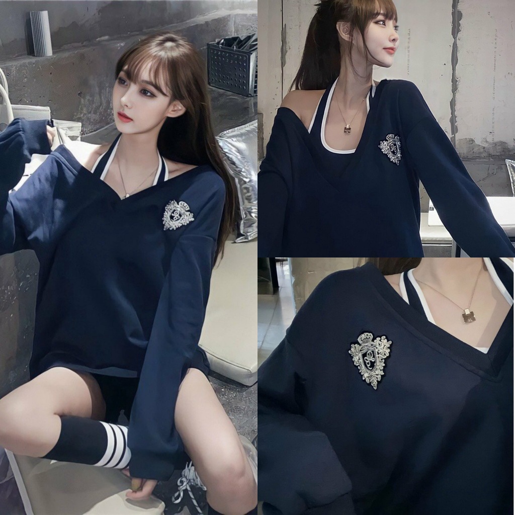 Set Bộ Áo Nỉ Trễ Vai Kèm Áo Yếm Nữ Logo Ngực - Áo Thun Trùm Mông Kèm Áo Thể Thao X0167