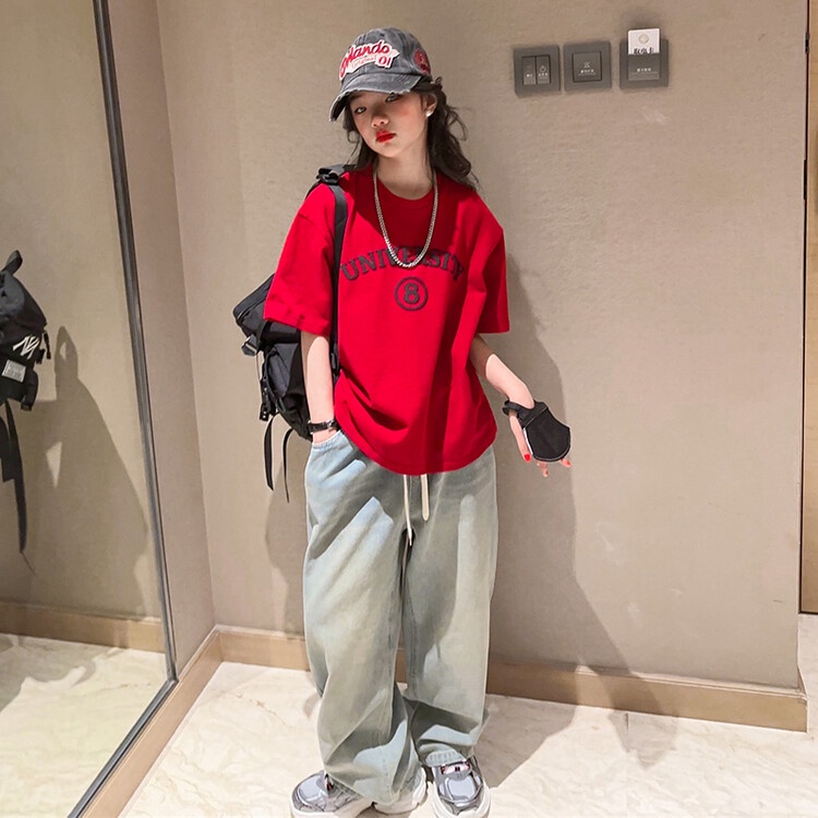 Set Áo Thun Ngắn Tay Và Quần Jeans Ống Rộng Phong Cách Phương Tây Thời Trang Mùa Hè Mới Cho Bé Gái