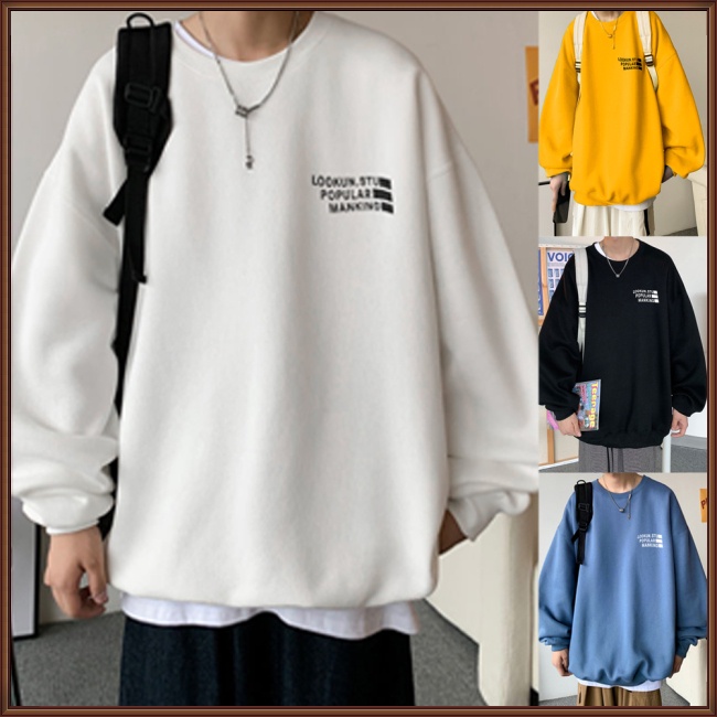 Áo Sweater Nhung Tay Dài Cổ Tròn Dáng Rộng Màu Sắc Đơn Giản Dành Cho Nam Giới