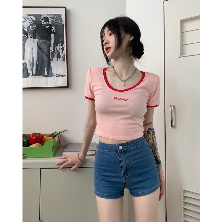 Áo Thun Tay Ngắn Cổ Tròn Dáng Ôm In Chữ Màu Sắc Tương Phản Thời Trang Cho Nữ