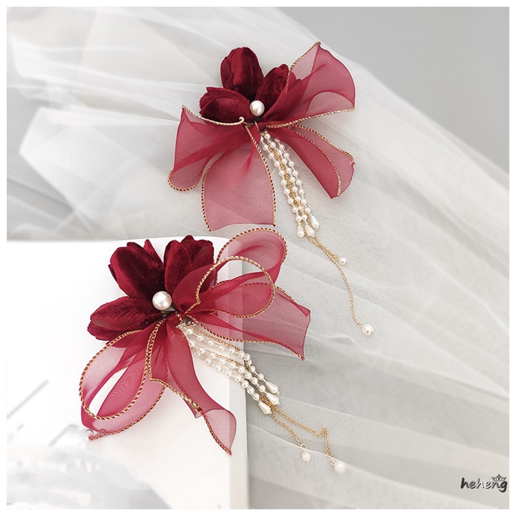 Bộ 2 Kẹp Tóc Trang Trí Hình Hoa Tulip Đính Nơ Lụa &amp; Chuỗi Xích