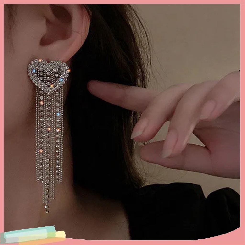 1 Đôi Bông Tai Dáng Dài Hình Trái Tim Đính Đá Xinh Xắn Thời Trang Cho Nữ