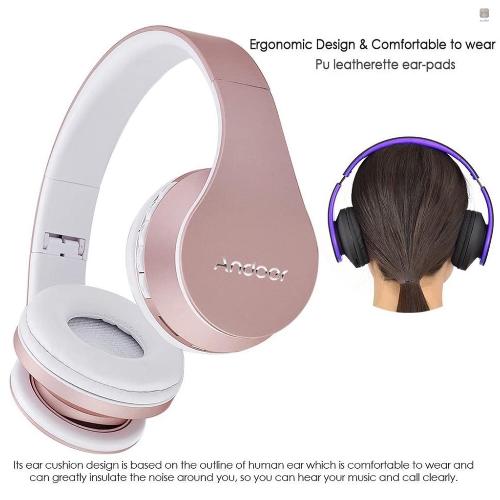 Tai Nghe Chụp Tai Andoer Bluetooth Không Dây Jack 3.5mm Có Thể Gập Lại Hỗ Trợ Thẻ TF Đài FM Cho Điện Thoại Máy Tính Bảng Laptop (Màu Vàng Hồng)