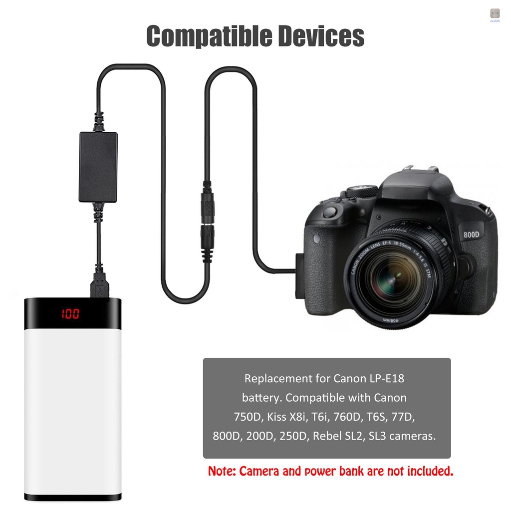 Bộ Pin Andoer DR-E18 Cổng USB Thay Thế LP-E18 Với Cáp Nguồn USB DC 750D Kiss X8i T6i 760D T6S 77D 80