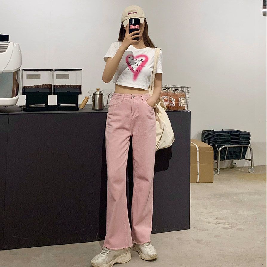 [Ưu Đãi Đặc Biệt Mua Và Tai] Quần Jean Nữ Thẳng Lưng Cao Ống Rộng Màu Hồng Nhìn Raw Mặc Sàn