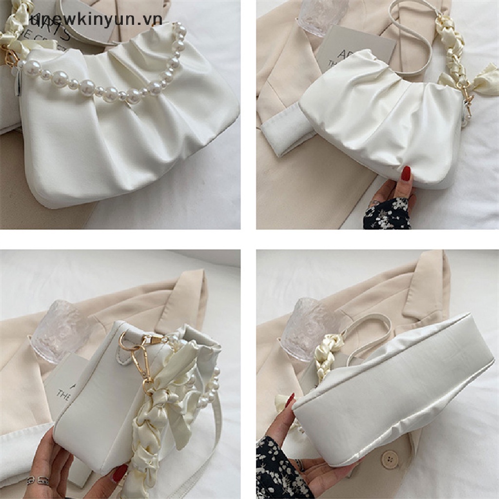 Túi Xách Đeo Vai / Kẹp Nách Đính Ngọc Trai Phối Dây Ruy Băng Xếp Ly Thời Trang Cho Nữ