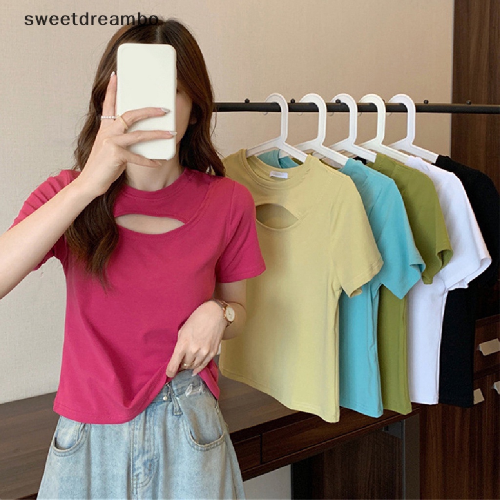 SWE Mùa hè Hollow Out Ngắn Tay Áo T-shirt phụ nữ rắn màu vòng cổ mỏng t Áo sơ mi DRN