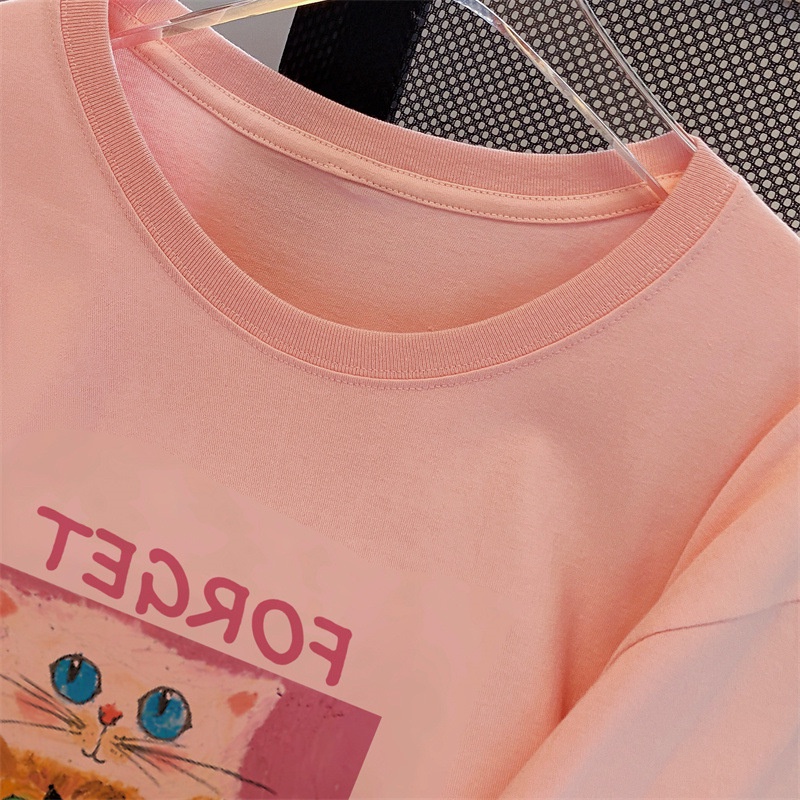 Áo thun XINLANYASHE cotton cổ tròn dáng rộng in họa tiết mèo phong cách Hàn Quốc đáng yêu cho nữ