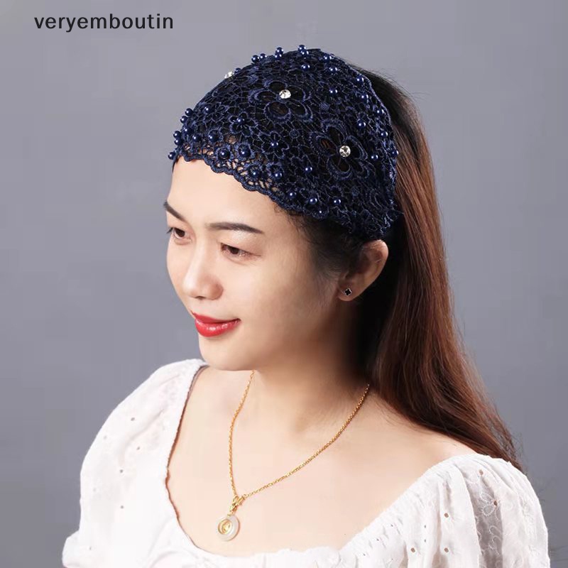 Băng Đô Ren Mỏng Vành Rộng Thoáng Khí Thêu Họa Tiết Đính Ngọc Trai Thời Trang Cho Nữ