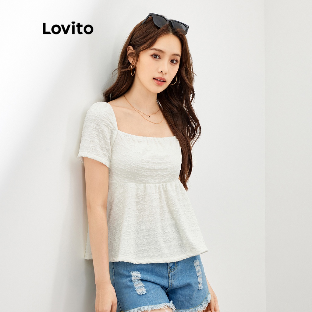 Áo LOVITO tay ngắn cổ vuông xếp nếp màu trơn phong cách boho dành cho nữ L47ED107 (màu mơ)