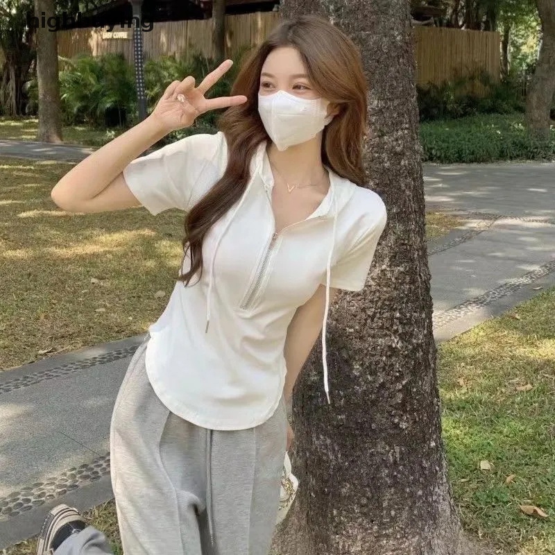 Áo Thun Tay Ngắn Có Khóa Kéo Màu Sắc Thời Trang Cho Nữ