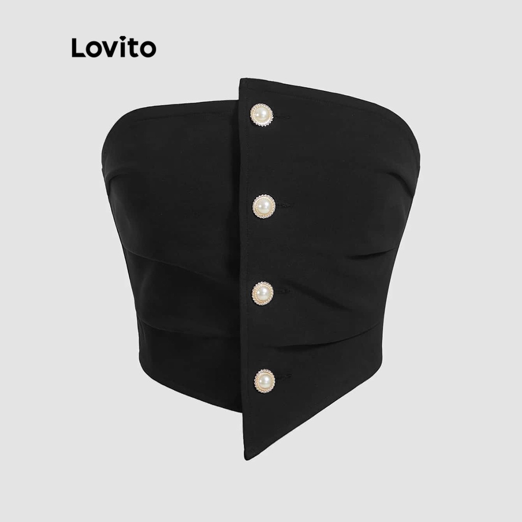 Áo Lovito không tay vải in họa tiết viền không đều phối cúc trước màu trơn cơ bản cho nữ L47AD015 (màu đen)
