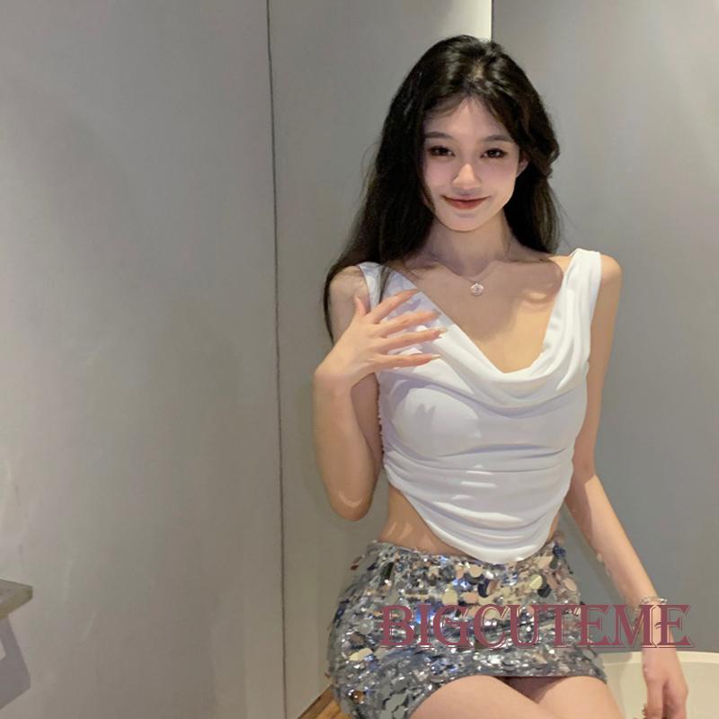 Áo Thun Crop Top Trễ Vai Ôm Dáng Màu Trơn Không Đối Xứng Cho Nữ