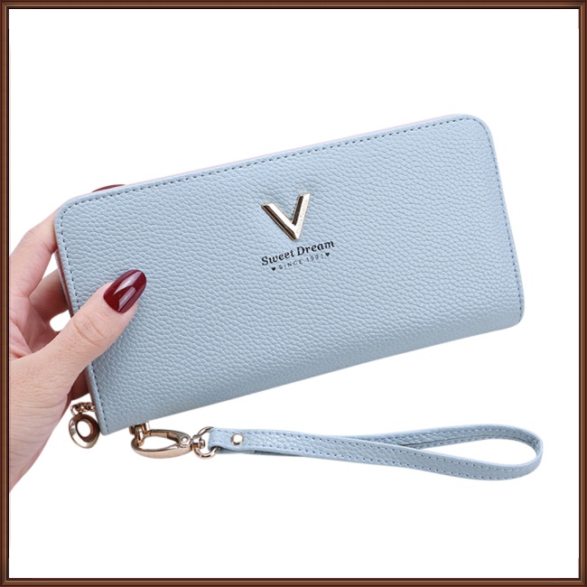 Ví Da Mỏng Đựng Thẻ Tín Dụng In Chữ V Kèm Dây Đeo Cổ Tay Thời Trang Cho Nữ