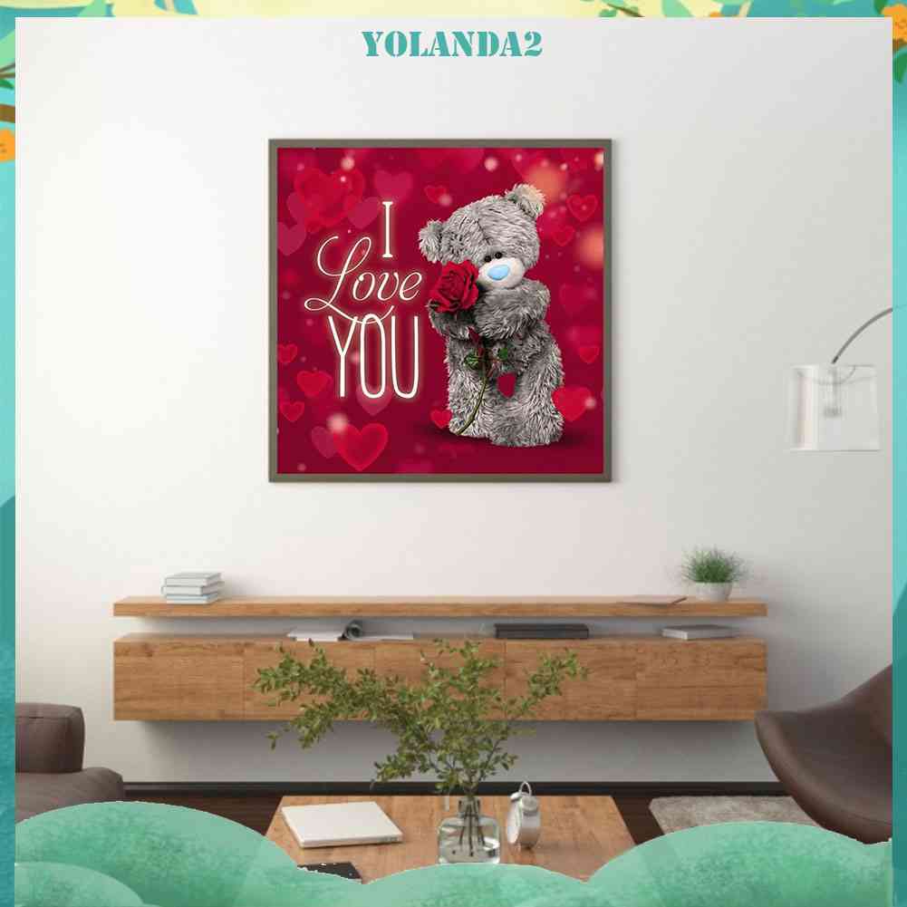 Tranh Đính Đá Kim Cương Toàn Bộ 5D DIY Hình Vẽ Gấu Hoa Hồng