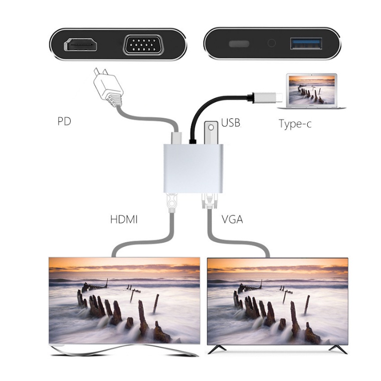 Cáp Typec to HDMI + VGA +USB 3.0 chất lượng cao 4K cáp chuyển đổi typec sang HDMI