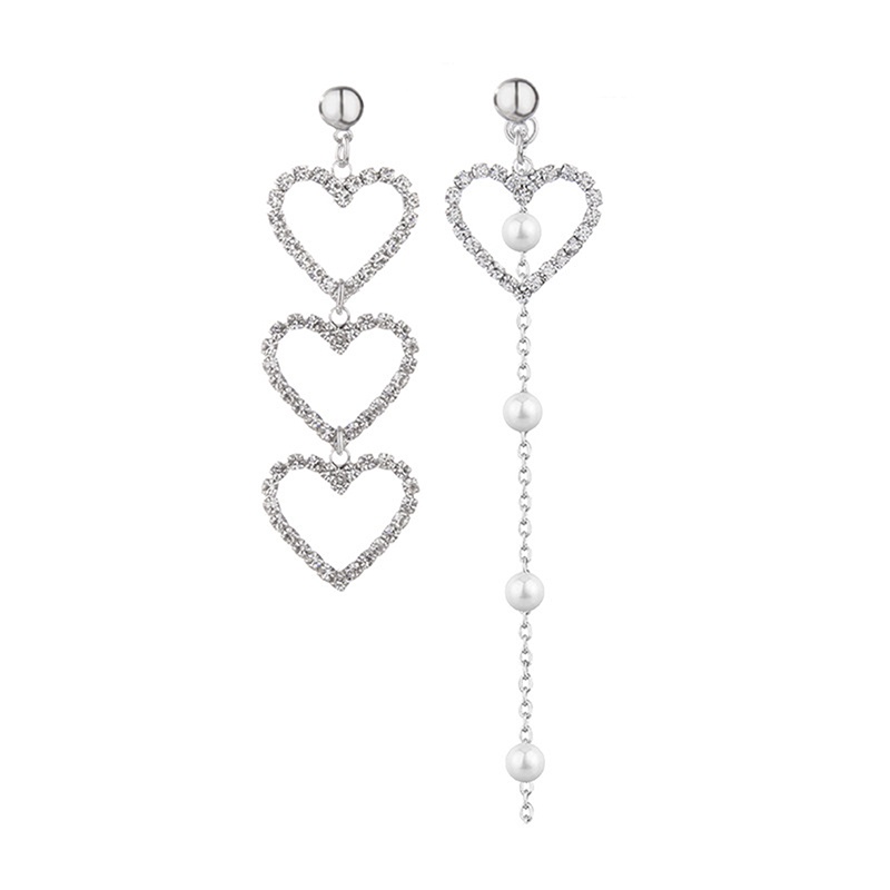 Khuyên Tai Chuỗi Nhiều Lớp Đính Hạt Giả Ngọc Trai Và Trái Tim