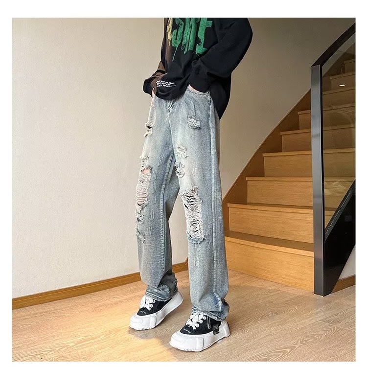 Quần Jean Dài Dáng Rộng Ống Suông Phối Vải Rách Dành Cho Nam
