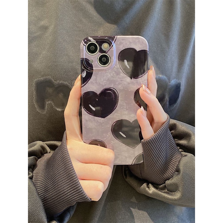 Ốp Điện Thoại Cứng Siêu Mỏng Màu Đen Họa Tiết Trái Tim Kiểu Retro Cho iPhone13max714pro11 8p